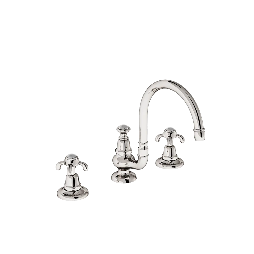 Deck-mounted 3-hole mixer, moveable swan-neck spout, 16/150 