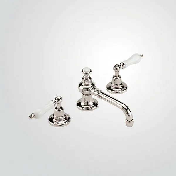 Deck-mounted 3-hole washbasin mixer, straight spout, integrated drain