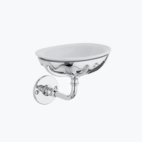 Wall-mounted soap dish, with curved arm and flat rosette