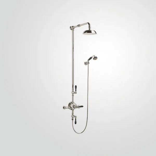  Volevatch Carpe & Lyre Exposed shower system with thermostatic valve, Ø 200 domed-top shower head, straight arm and handshower