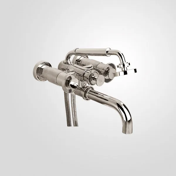 Wall-mounted tub filler with handshower on cradle