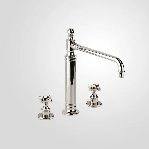  Volevatch Héritage 3-hole mixer raised H315, moveable spout, deck-mounted valves with integrated drain