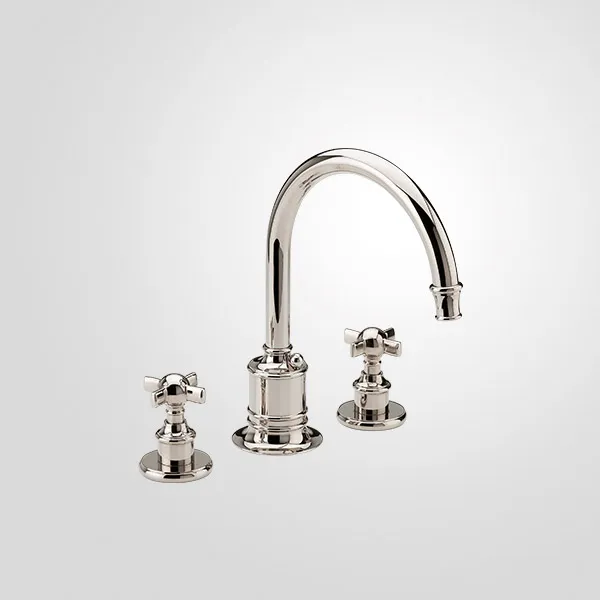 Deck-mounted 3 holes mixer with swan-neck spout and integrated drain