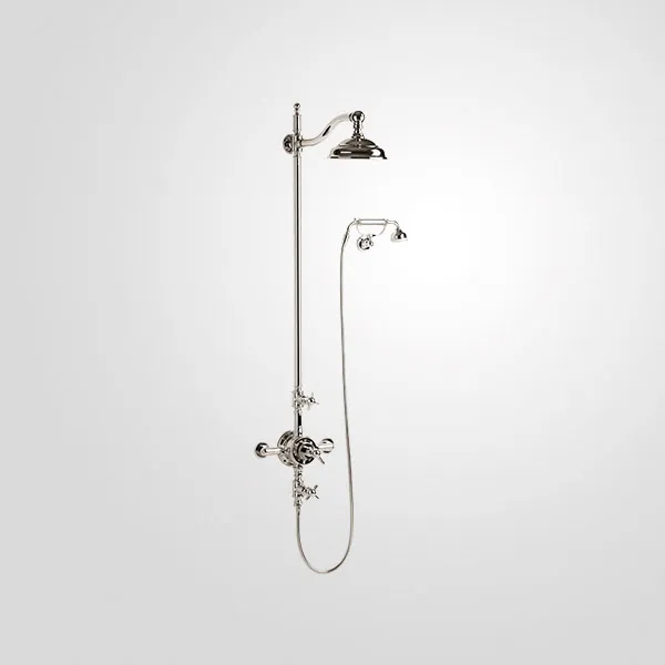 Exposed shower system with thermostatic valve, Ø200 rose with curved shower arm and handshower on hook