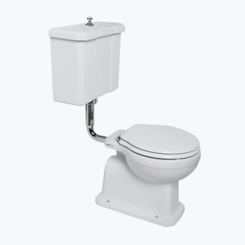 Neoclassic toilet and cistern with low level cistern, flush mechanism and pop up knob